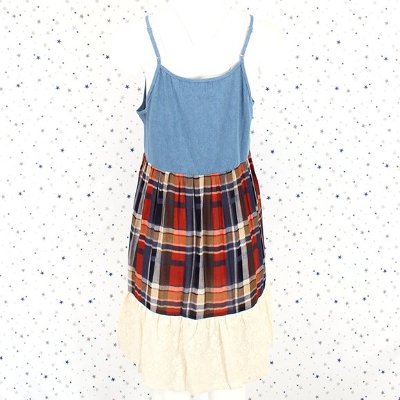 Umgee Tiered Dress Denim Plaid Lace Dark Denim - Picture 6 of 8